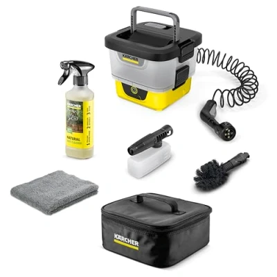 Abbildung von Kärcher Mobile Outdoor Cleaner OC 4 + Bike Kit, Fördermenge: 2 l/min, Gewicht: 3,1 kg, Wassertank: 8 l, Lithium Ionen Akku, Spiralschlauch, Gerätefilter, Universalbürte, Multi Jet in 1