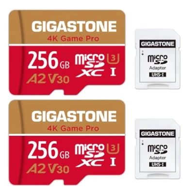 Abbildung von [5 Jahre kostenlose Datenwiederherstellung] Gigastone 4K Game Pro 256GB MicroSDXC Speicherkarte 2er Pack und SD Adapter, Kompatibel mit GoPro Switch, schwindigkeit 100 MB/s, A2 U3 V30 Micro Karte