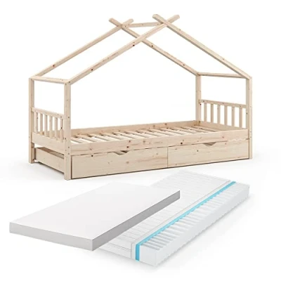 Abbildung von VitaliSpa® Hausbett Design, Naturholz, 90x200 cm mit Gästebett und 2 Matratzen