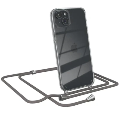 Abbildung von EAZY CASE Handykette kompatibel mit iPhone 15 Plus Handyhülle Umhängeband, Handykordel Schutzhülle, Silikonhülle, Hülle Band, Stylische Kette für Smartphone, Anthrazit