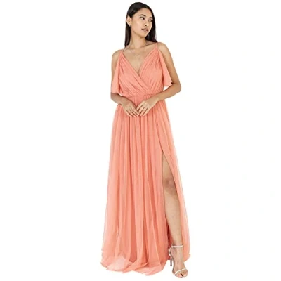 Abbildung von Anaya with Love Damen Ladies Women Dress Maxi Short Sleeve Cami V Neckline Long Length Empire Waist Bridesmaid Wedding Guest Prom Kleid, Coral Pink, 44 EU