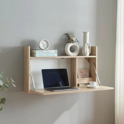 Abbildung von [en.casa] Wandklapptisch Rautalampi Klapptisch mit Ablage und 2 Fächern Klappschreibtisch Wandtisch klappbarer Schreibtisch für Wandmontage Weiß Eiche Optik 83 x 48 14,5 cm
