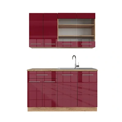 Abbildung von Vicco Singleküche Fame Line, Bordeaux Hochglanz/Goldkraft Eiche, 140 cm, AP Eiche