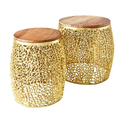 Abbildung von riess ambiente Couchtisch ABSTRACT LEAF Ø40cm / Ø30cm gold natur (Set, 2 St), Wohnzimmer · Massivholz Metall rund Handarbeit Modern Design