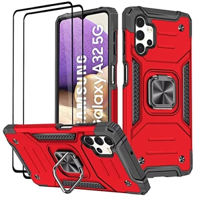 Abbildung von KANSi Hülle kompatibel für Samsung Galaxy A32 5G, Schutzfolie [2 Stück] Silikon TPU Hart PC Handy Hüllen 360 Grad Drehbar Ringhalter Bumper Stoßdämpfung Schutzhülle 5G Rote