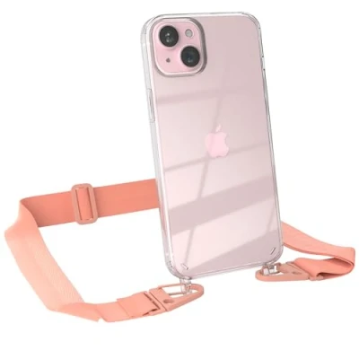 Abbildung von EAZY CASE Hülle mit Band kompatibel iPhone 15 Plus Handyhülle Umhängeband für 15+ Silikonhülle Transparent Schutzhülle Handykette zum Umhängen Handykordel Smartphone in Rosa Coral