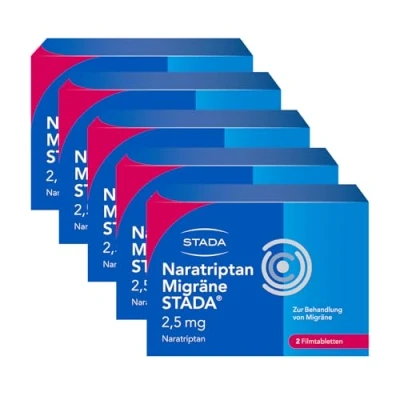 Abbildung von Naratriptan Migräne STADA rezeptfreies Arzneimittel zur Behandlung von Migräneanfällen lindert Kopfschmerzen mit und ohne Aura gut verträglich 5 x 2 Filmtabletten