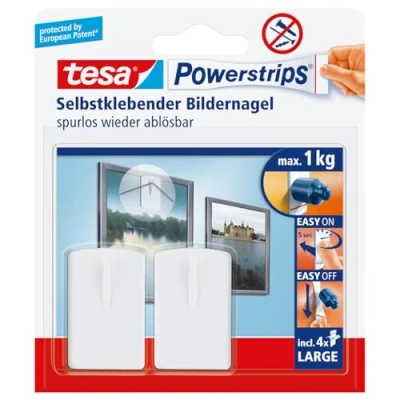 Abbildung von tesa Bilder Nagel, 2er Set Klebenagel für Bilderrahmen, 1 kg Haltekraft mit Powerstrips LARGE, ablösbar und wiederverwendbar 2 Stück