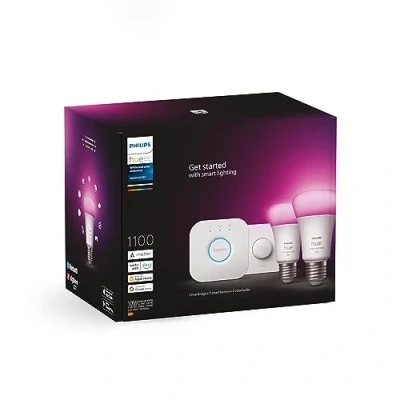 Abbildung von Philips Hue White &amp; Color Ambiance Starter Set mit E27 Lampen 2 er Pack (1100), Smart Button + Bridge, TESTSIEGER Stiftung Warentest (01/2024), 16 Mio. Farben per Sprache und App steuerbar, Weiß