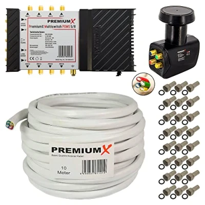 Abbildung von Premium X Multischalter Set 5/8 Multiswitch mit 10m Quattro Antennenkabel 4in1 und LNB 1 Satellit für 8 Teilnehmer 4K UHD