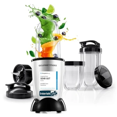 Abbildung von GOURMETmaxx Mr. Magic Power Pro Mixer 400 Watt Smoothie Maker mit to go Deckel Standmixer Mixbecher &amp; Frischhaltedeckel zum Aufbewahren Blender Zubehörset L für Shakes, Smoothies etc.