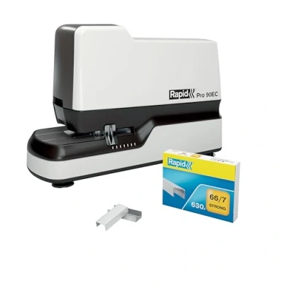 Abbildung von Rapid Pro 90EC Elektro Tacker, schnelles &amp; kontaktloses Heften, Hochleistungs Heftgerät, ideal für Büros, inkl. 630 Heftklammern, bis zu 50 Blatt, Weiß, 20942901