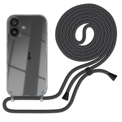 Abbildung von EAZY CASE Handykette kompatibel mit iPhone 16 Handyhülle Umhängeband, Handykordel Schutzhülle, Silikonhülle, Hülle Band, Kette für Smartphone, Schwarz/Anthrazit Clips Schwarz
