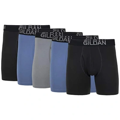 Abbildung von Gildan Herren Cotton Stretch Boxer Brief, Multipack Retroshorts, Schwarzer Ruß /Schieferblau/Grau Flanell (5er Pack, normales Bein), Medium