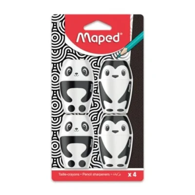 Abbildung von Maped Set mit 4 Bleistiftspitzern Shakky Pinguin und Panda Bleistiftspitzer Reserve 1 Loch für Standard Bleistifte einfach zu verwenden