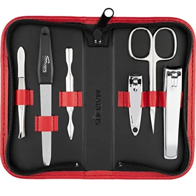 Abbildung von Maniküre Set Solingen mit Top Preis/Leistung Kunst Leder Etui handlich und weich 6teiliges Nagelset für Damen Herren marQus aus glanzvernickeltem poliertem Stahl