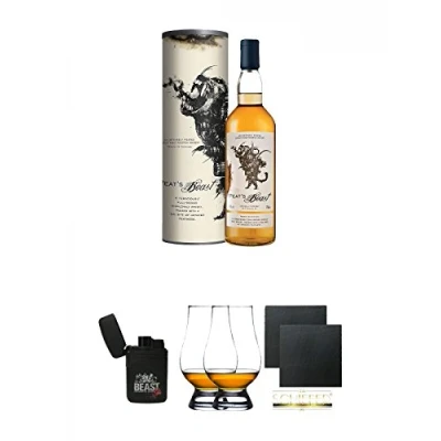 Abbildung von Peats Beast Single Malt Whisky 0,7 Liter + Feuerzeug Laser Jet The Glencairn Glass Glas Stölzle 2 Stück Schiefer Glasuntersetzer eckig ca. 9,5 cm Ø