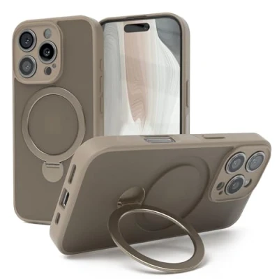 Abbildung von EAZY CASE Qi Charging Handyhülle für iPhone 16 Pro Hülle mit Ständer Matte Schutzhülle Ultra Aufprallschutz Stoßfest und Kratzfest 360 Ring zum Aufstellen Cover Braun