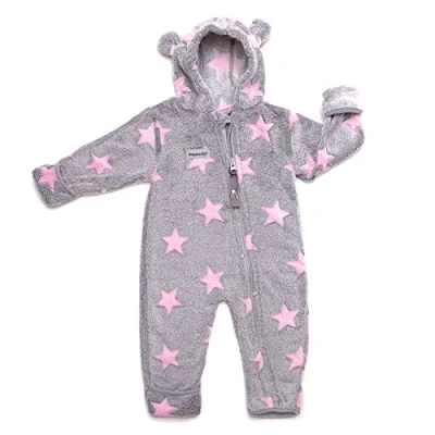 Abbildung von Hoppediz Baby Overall aus Fleece, extra lange Beine perfekt für die Babytrage, Umschlagbündchen an Händen und Füßen grau rosé 68 74