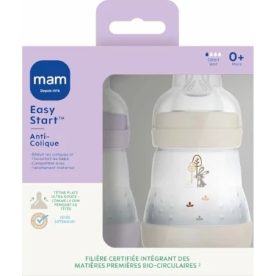 Abbildung von MAM Easy Start Anti Colic Babyflasche, 0+ Monate, langsamer Fluss (2 x 160 ml), Flieder + Sand Flasche zur Reduzierung von Koliken und Beschwerden des Babys Babyflasche zum Stillen geeignet