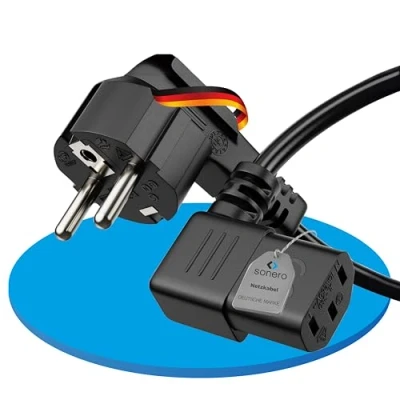 Abbildung von sonero Stromkabel Kaltgerätekabel 3 Polig, 2,0m, Schutzkontakt Schuko Stecker Netzstecker auf Kaltgerätekupplung C13 Buchse, 90 Winkel Netzkabel Netzteil Strom Kabel für Monitor PC Drucker, Weiß