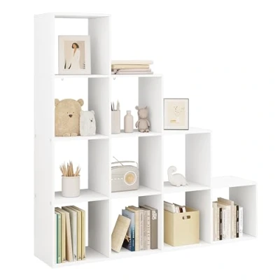 Abbildung von WOLTU weißes Regal für Buch Spielzeug, Bücherregal mit 10 Fächern, Schrank Wohnzimmer Schlafzimmer, Raumteil aus Holzewerkstoff, Würfelregal Stufenregal 136x29x136 cm RGB44ws