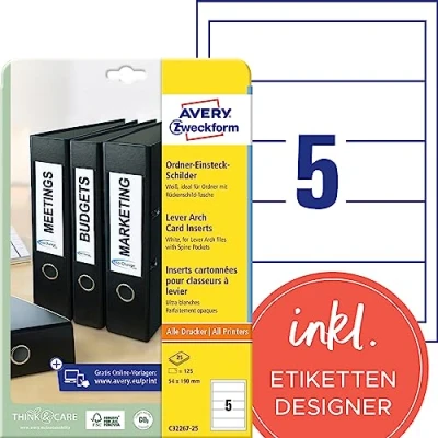Abbildung von AVERY Zweckform C32267 25 Ordnerrücken Einsteckschilder (125 Rückenschilder, 54x190mm auf A4, bedruckbar, zum Einstecken für breite/kurze Ordner, Mikroperforation, hochwertiger Karton) Blatt, weiß