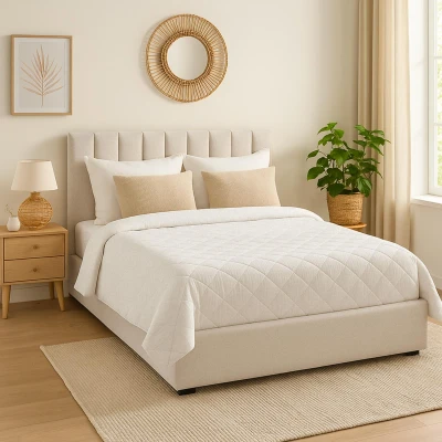 Abbildung von Songe Bett mit Stauraum + Lattenrost, Stoffbezug Beige 140 cm Menzzo