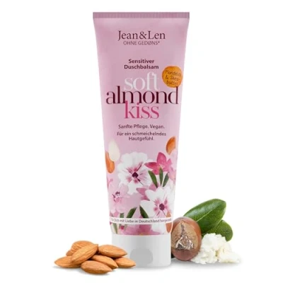 Abbildung von Jean &amp; Len Sensitiver Duschbalsam Mandelöl Sheabutter, reinigt die Haut sanft und schonend, für trockene empfindliche Haut, mit pflegend süßem Mandel Duft, ohne Parabene Silikone, vegan, 250 ml