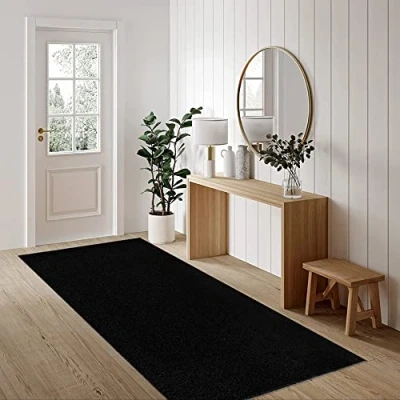 Abbildung von Fashion4Home Teppich Wohnzimmer Einfarbig Teppich, Uni fürs Kinderzimmer, Schlafzimmer, Arbeitszimmer, Büro, Flur und Küche Kurzflor Anthrazit Schwarz, Größe: 80x250 cm