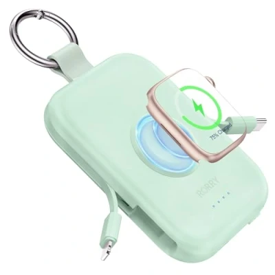 Abbildung von RORRY Power Bank, 5000mAh Externe Handy Akkus mit eingebauten Kabeln, Schlüsselanhänger Powerbank Kompatibel iPhone 16/15/14/13/12 und für Apple Watch 9/Ultra 2/8/Ultra/7/6/Se/5/4, Grün