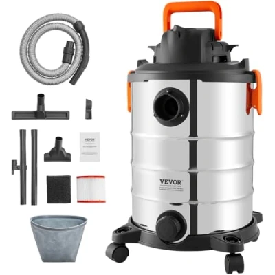Abbildung von VEVOR Nass /Trockensauger, 20 l, 6 PS, Edelstahl Staubsauger mit effizienter Saug und Gebläseleistung, Düse, Rollen, tragbarer Werkstattsauger Aufsätzen, für Teppiche, Schmutz, Tierhaare