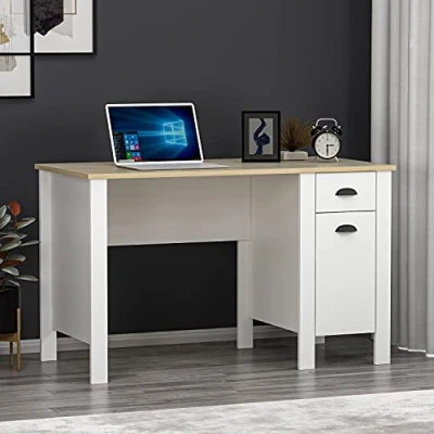 Abbildung von HOMIDEA TEDDY Schreibtisch Computertisch Workstation mit Schublade und Stauraum Tür im modernen Design für Home Office oder Kinderzimmer (Weiß/Eiche)