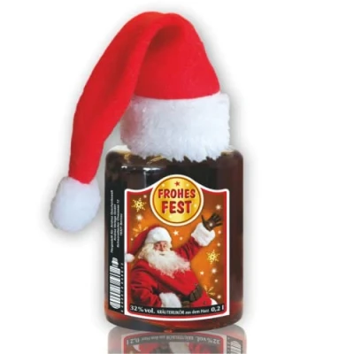 Abbildung von 0,2L Apothekerflasche Likör zu Weihnachten Frohes Fest mit Weihnachtsmütze gold 32% vol. Kräuterlikör Weihnachtslikör aus der Humorapotheke Humor Apotheke Spaßmedizin Humormedizin