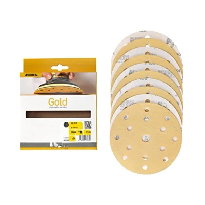 Abbildung von Mirka Gold Universal Schleifpapier Ø 150mm Schleifscheiben Klett 15 Loch, Korn P180, 10 Stk / Zum Schleifen von Gips, Spachtel, Spanplatten, Holz, Lack