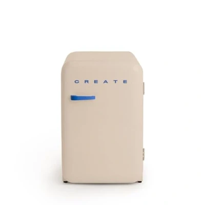 Abbildung von CREATE / RETRO FRIDGE 83.5 COBALT/Kühlschrank in Sand, Griff Kobaltblau 98W, niedriger Verbrauch, 2 Ablagen, Temperaturregler, Flaschenhalter, 56x54x84cm