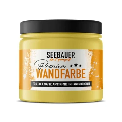 Abbildung von SEEBAUER diy Wandfarbe Gelb 300ML für Innen (No. 451 Sun Flower) Edelmatte sonnengelbe Innenfarbe Gelbtöne sehr hohe Deckkraft Matt, Abwaschbar und Tropffrei