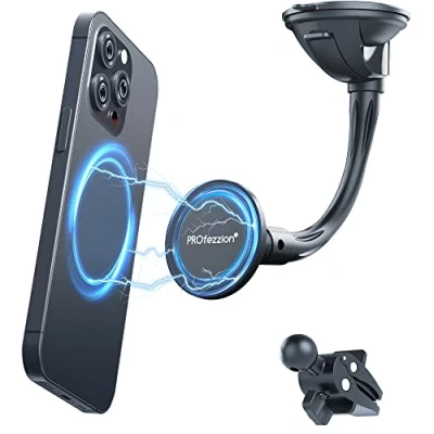 Abbildung von PROfezzion MagSafe Autohalterung, Saugnapf für Auto Windschutzscheibeund Lüftungsclip, Autotelefonhalterung iPhone 16 Plus Pro Max 15 14 13 12 &amp; Hülle [MagSafe Ring enthalten]