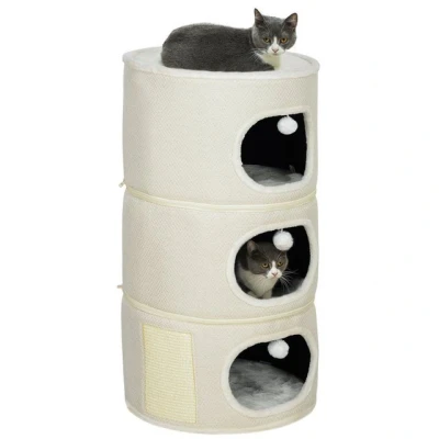 Abbildung von PawHut Kratzbaum 100 cm hoch, mit 3 Höhle, Spielbällen, aus Sisal, für Katze bis 6 kg, Beige+Cremeweiß