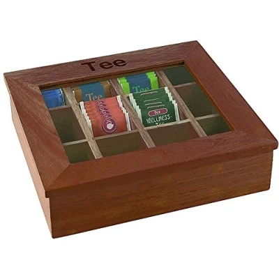 Abbildung von APS 11776 Teebox, 31 x 28 cm, H: 9 rHolz (Rubberwood), rot braun, Sichtfenster aus Acryl