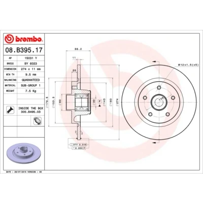 Abbildung von BREMBO BEARING DISC LINE 08.B395.17 Bremsscheibe 274 11 5 voll mit Radlagersatz, ABS Sensorring RENAULT: Kangoo II / Grand