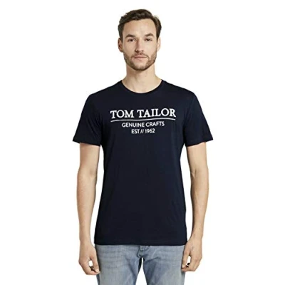 Abbildung von TOM TAILOR Herren T Shirt mit Logo Print aus Bio Baumwolle, sky captain blue, L