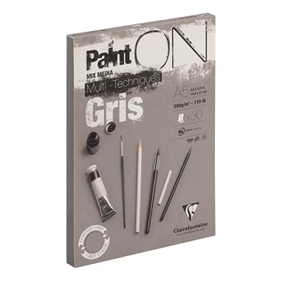 Abbildung von Clairefontaine 975808C Zeichenblock / Skizzenheft PaintON, DIN A5 14,8x21 cm, kopfseitig geleimt, 30 Blatt, 250g, 100% Zellulose, ideal für Mixmedia, feinkörnung, Grau, 1 Stück.