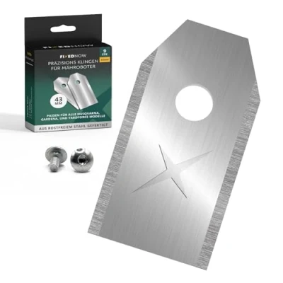 Abbildung von FixedNow Ersatzklingen [9st] extra lang 43mm für Mähroboter kompatibel mit Husqvarna, Gardena, Yardforce, Ferrex, Mc Chulloch, Edelstahl Scherensatz Ersatzmesser Schrauben
