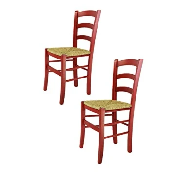 Abbildung von t m c s Tommychairs 2er Set Stühle Venezia für Küche und Esszimmer, Robuste Struktur aus Buchenholz in Anilinfarbe Rot Sitzfläche Stroh