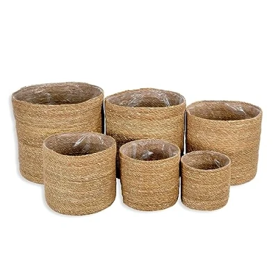 Abbildung von DARO DEKO Seegras Korb rund Natur 6er Set mit Einsatz Blumentopf geflochten Aufbewahrungskorb Über Topf Blumenkorb