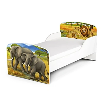 Abbildung von Leomark Funktionsbett aus Holz Safari Kinderbett mit Matratze, Holzbett Seitenschutz Lattenrost, Komplett Set für Kinderzimmer, Liegefläche 70/140 cm, UV Druck
