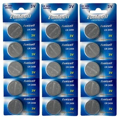 Abbildung von 15 x CR2450 3V Lithium Knopfzelle 540 mAh (3 Blistercards a 5 Batterien) EINWEG Markenware Eunicell FBA