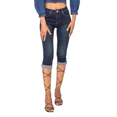 Abbildung von Nina Carter P132 Damen Capri Skinny Fit Jeanshosen HIGH Waist Jeans Used Look Waschungseffekt, Dunkelblau (P132 2), XL
