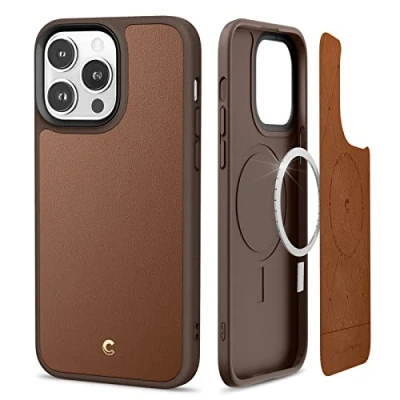 Abbildung von CYRILL von Spigen Kajuk Mag [kompatibel mit iPhone 14 Pro Max] Magnetisches kabelloses Laden Premium Lederhülle Schutzhülle Saddle Brown